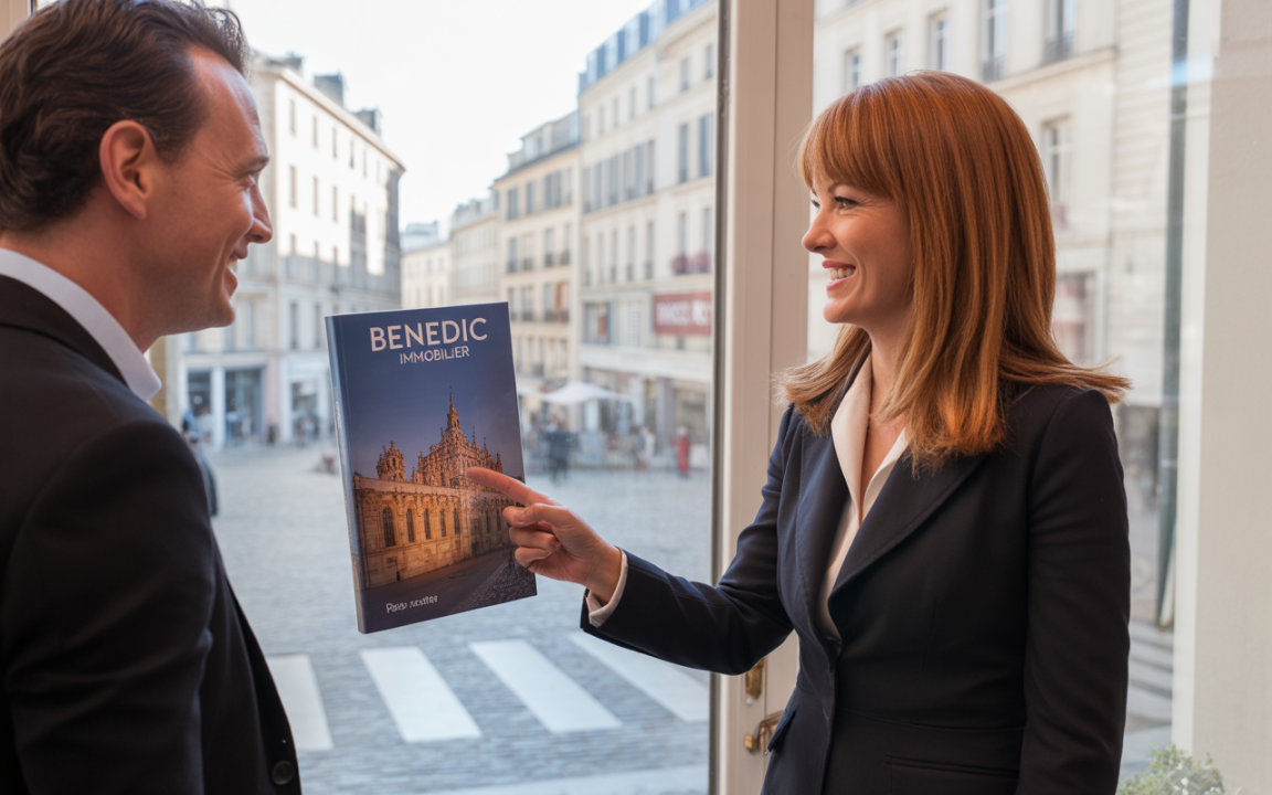 Deux professionnels discutent près d'une fenêtre, l'un montrant une brochure immobilière. Un bâtiment historique est visible à l'extérieur.