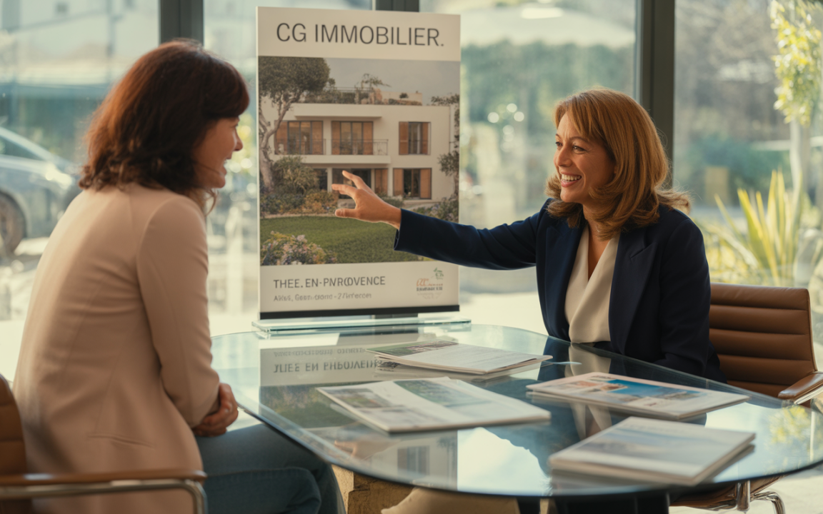 Deux femmes discutent dans un bureau immobilier, avec une brochure visible en arrière-plan, et une table avec des documents.