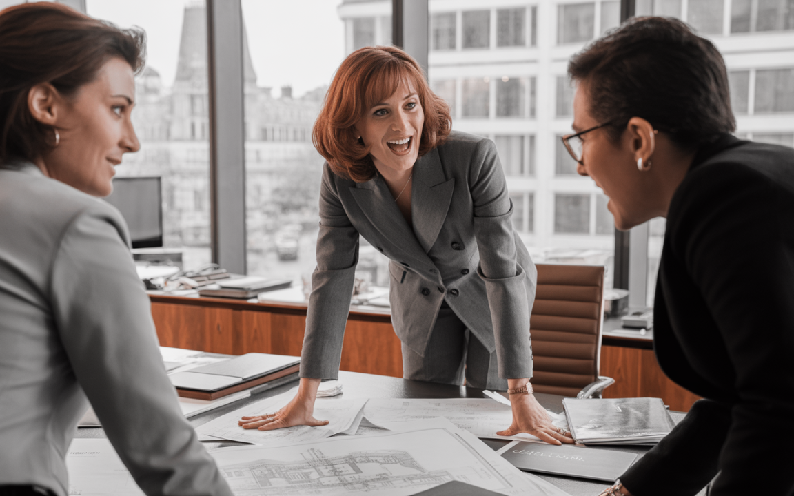 Trois femmes en costume discutent autour d'une table avec des plans, souriantes et engagées, dans un bureau moderne.