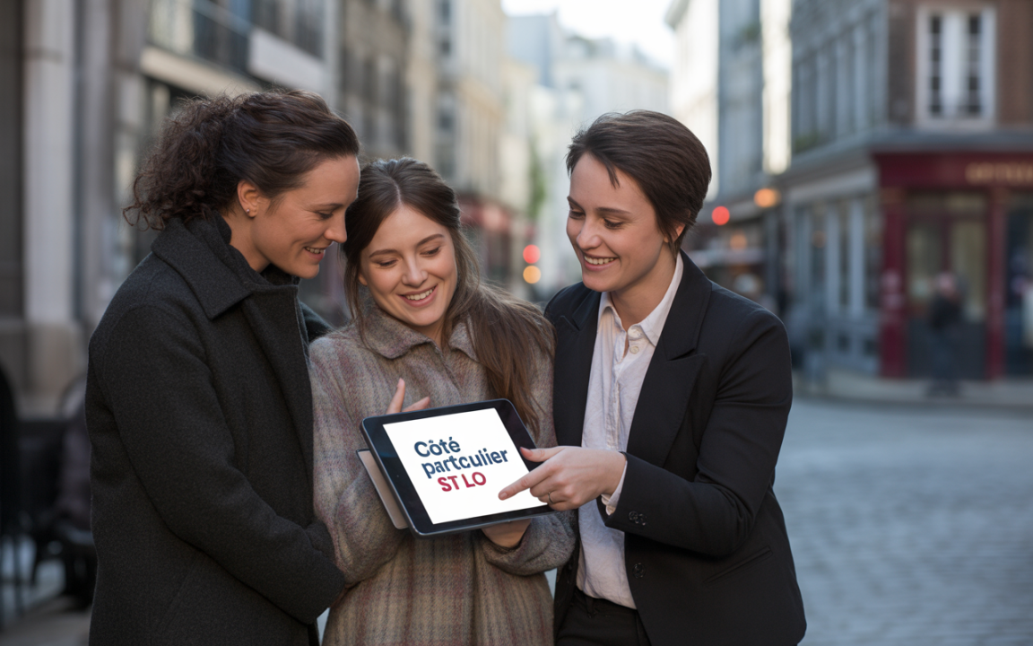 Trois femmes souriantes regardent une tablette, affichant "Côté particulier ST LO", dans une rue animée.