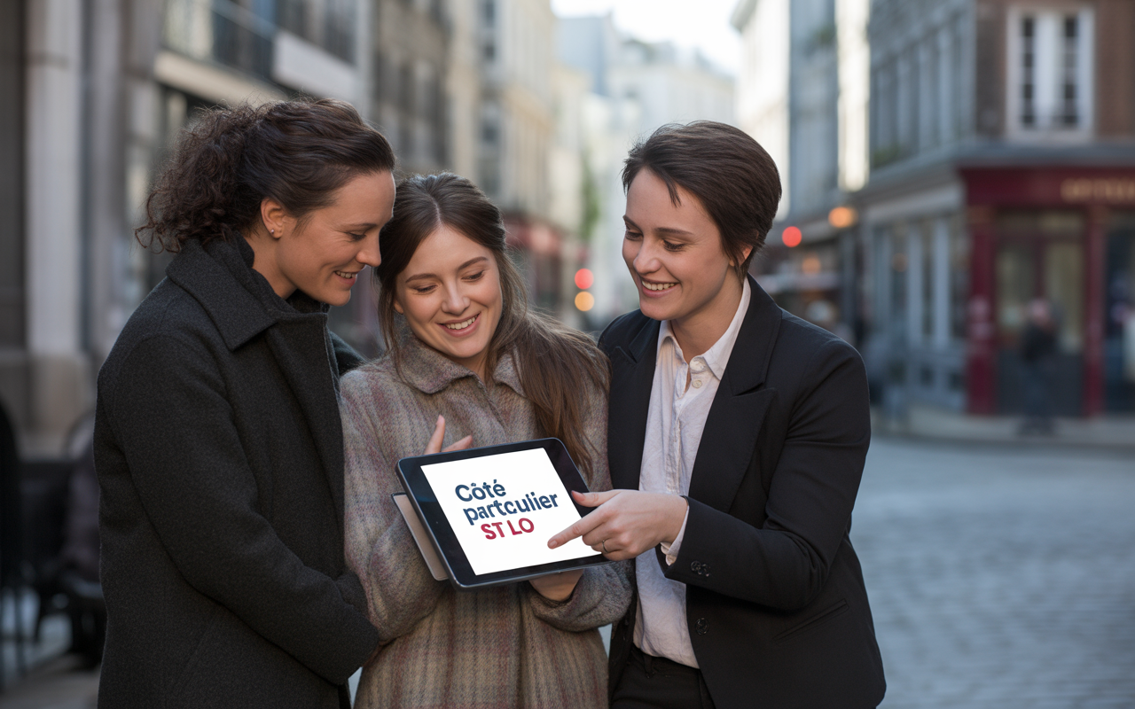 Trois femmes souriantes regardent une tablette, affichant "Côté particulier ST LO", dans une rue animée.
