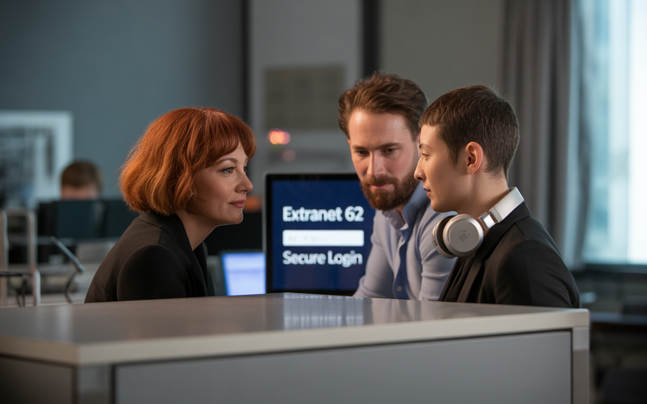 Trois personnes discutent au travail, avec un écran d'ordinateur affichant un accès sécurisé en arrière-plan. Ambiance professionnelle.