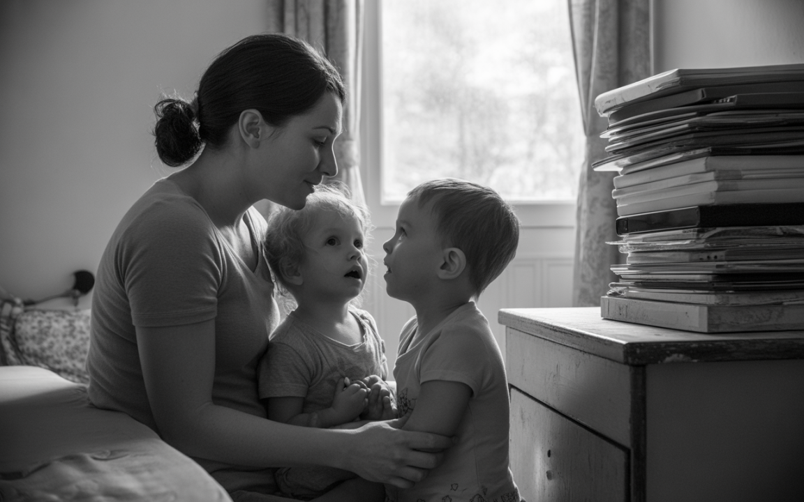 Mère et deux enfants se regardent avec tendresse, dans une pièce lumineuse, entourés de livres empilés sur une table.