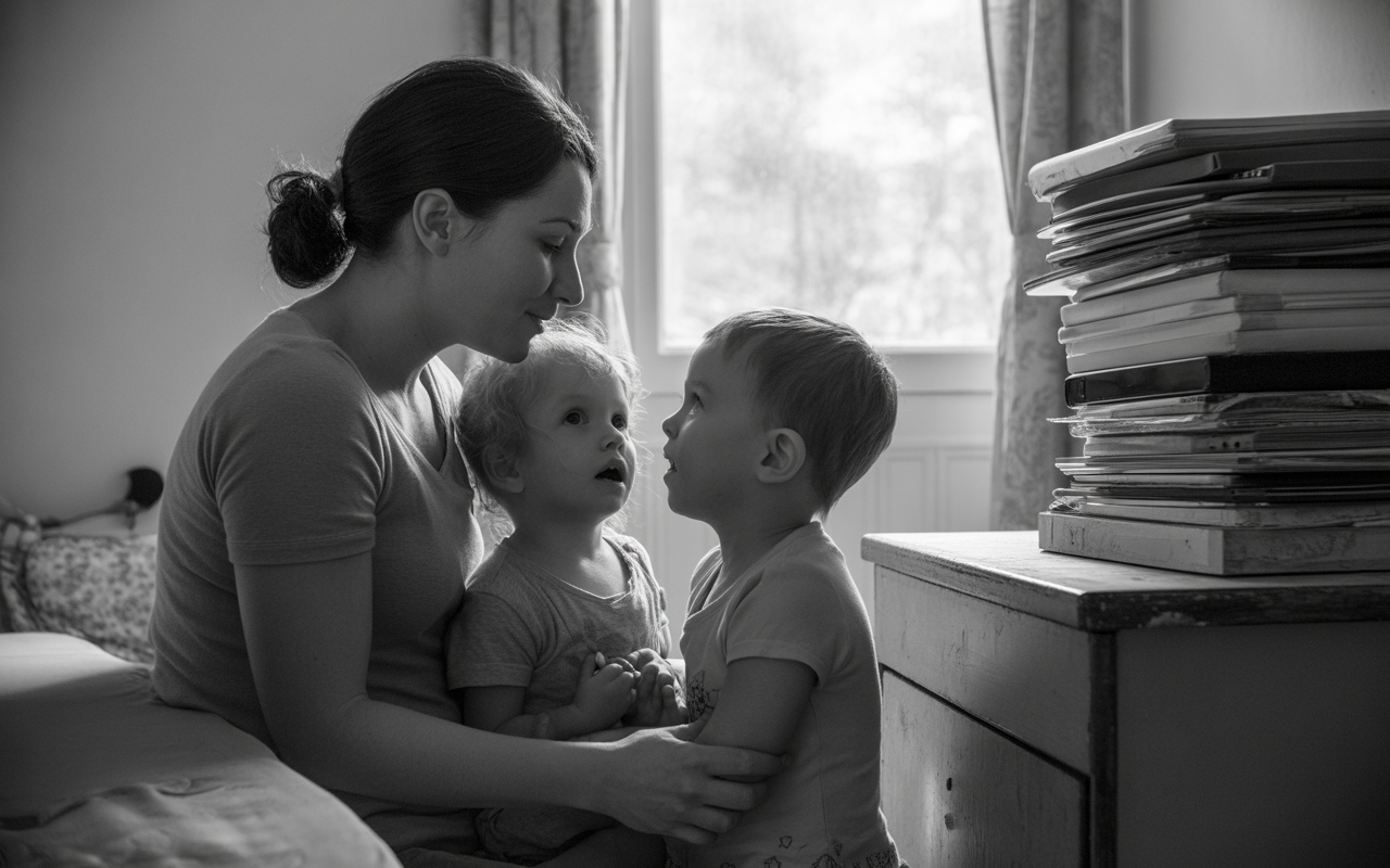 Mère et deux enfants se regardent avec tendresse, dans une pièce lumineuse, entourés de livres empilés sur une table.
