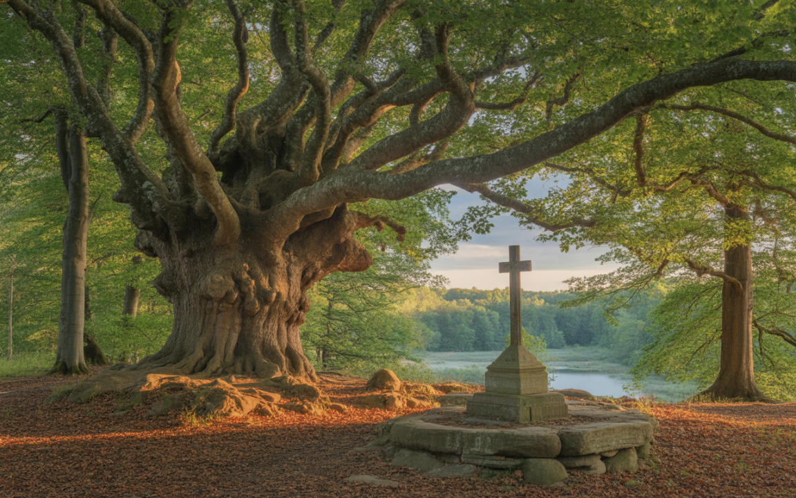 Un vieux chêne majestueux se dresse près d'une croix sur un fond de forêt verdoyante et paisible.