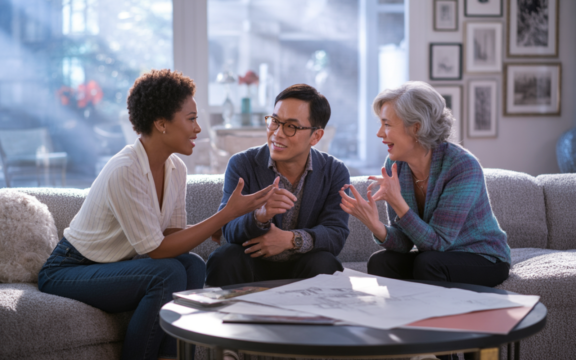 Trois personnes, assises sur un canapé, discutent joyeusement dans un salon lumineux avec des dessins sur une table basse.
