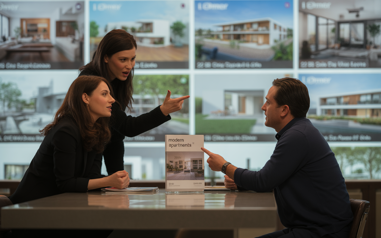 Réunion de trois personnes discutant autour d'une table, avec des images de logements modernes en arrière-plan. Une brochure visible.