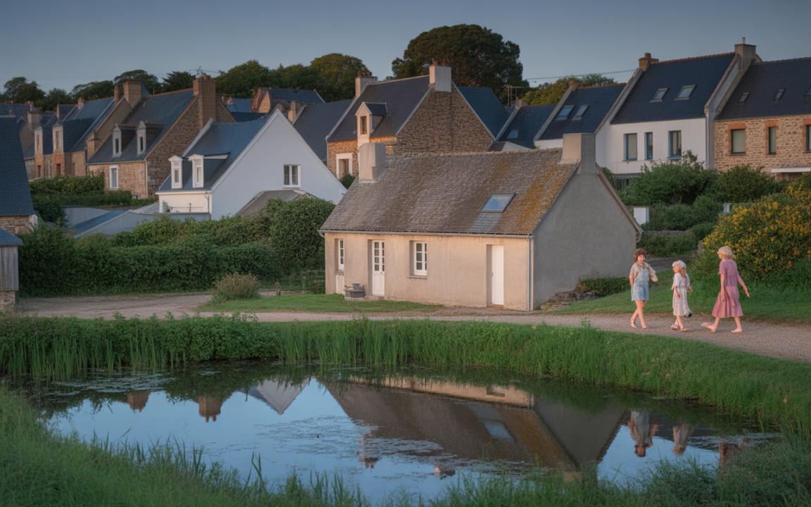 Trois personnes se promènent près de maisons en pierres, au bord d'un étang reflétant le paysage environnant.