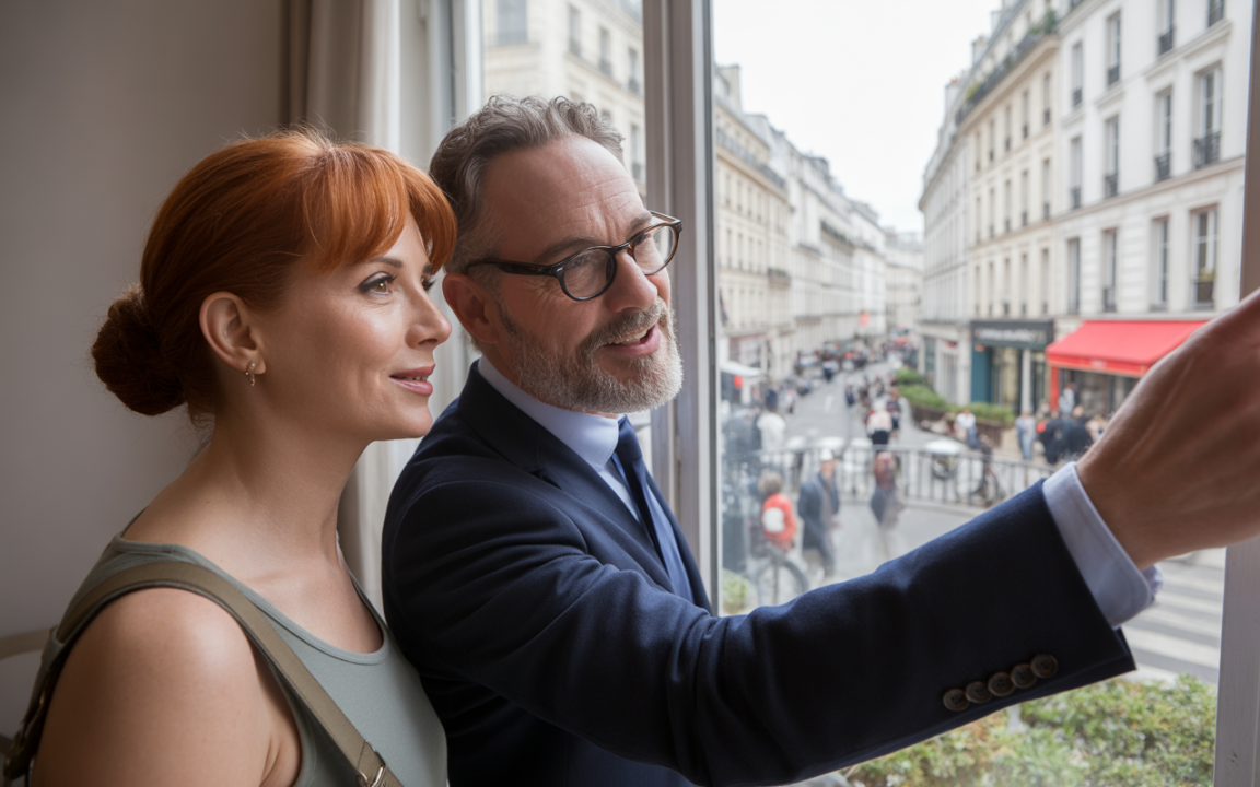 Un homme et une femme regardent la rue depuis une fenêtre à Paris, avec des bâtiments élégants et des passants visibles.
