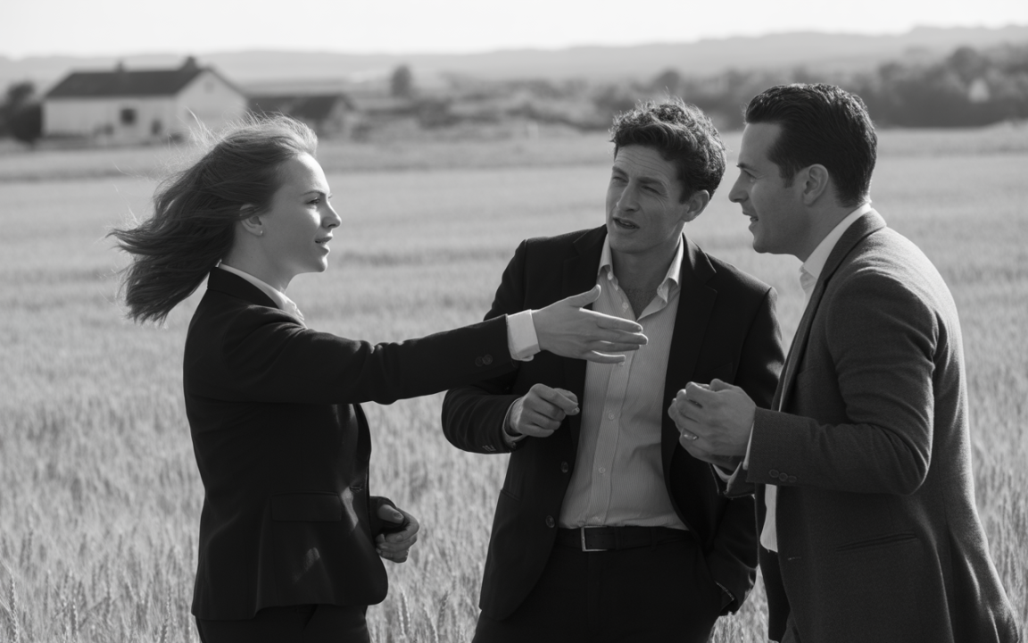 Trois personnes en costume discutent dans un champ, avec des bâtiments flous à l’arrière-plan, sous une lumière douce.