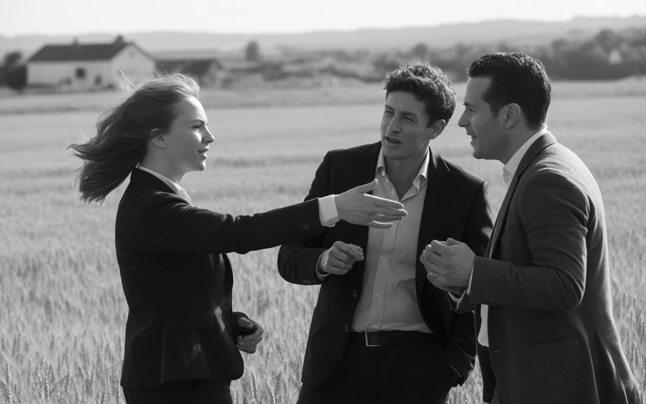 Trois personnes en costume discutent dans un champ, avec des bâtiments flous à l’arrière-plan, sous une lumière douce.