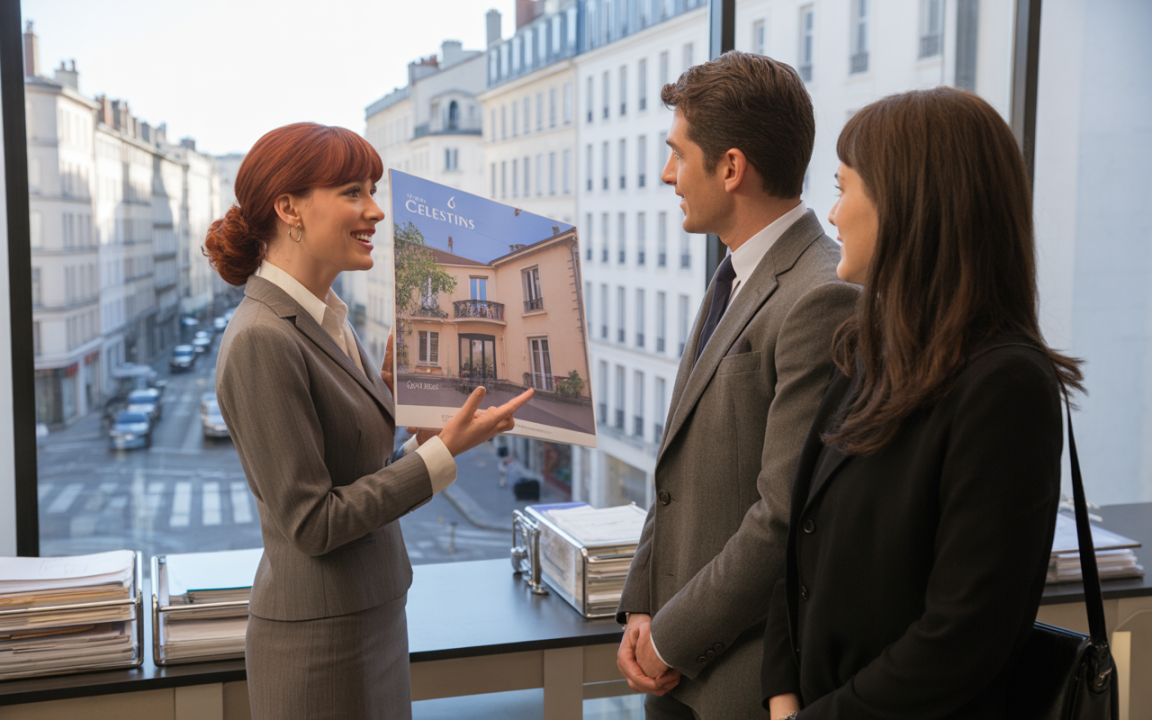 Une agente immobilière présente une brochure à un couple dans un bureau moderne, avec une vue sur la rue parisienne.