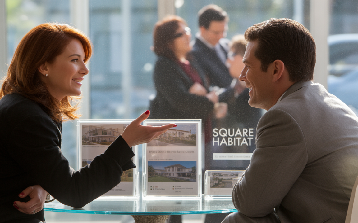 Deux professionnels discutent avec enthousiasme dans un bureau immobilier, entourés de brochures et avec une ambiance conviviale.