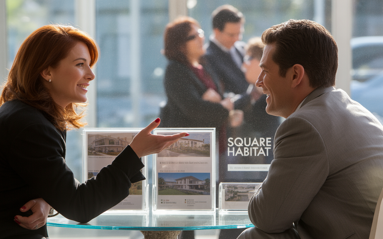 Deux professionnels discutent avec enthousiasme dans un bureau immobilier, entourés de brochures et avec une ambiance conviviale.