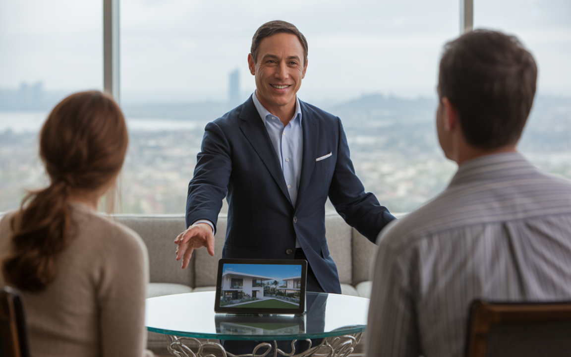 Un homme en costume présente une propriété sur une tablette à deux personnes, avec une vue panoramique en arrière-plan.