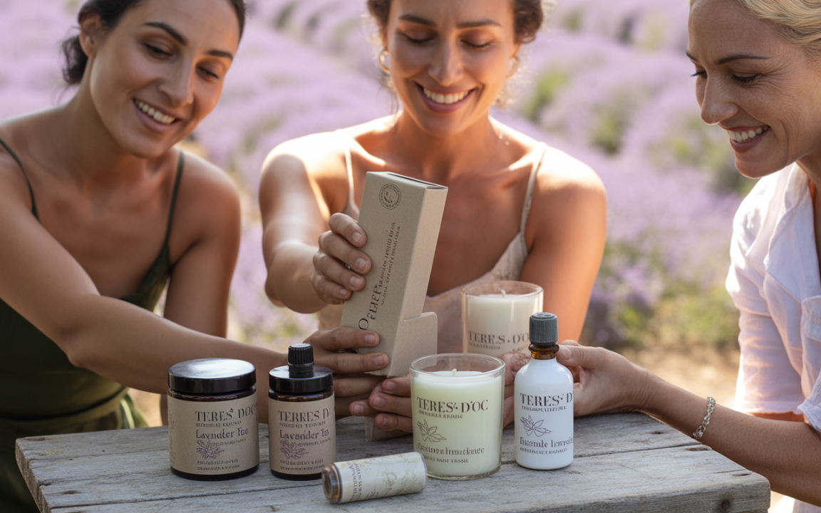 Trois femmes souriantes entourées de produits de beauté en lavande, sur une table en bois devant un champ de lavande.