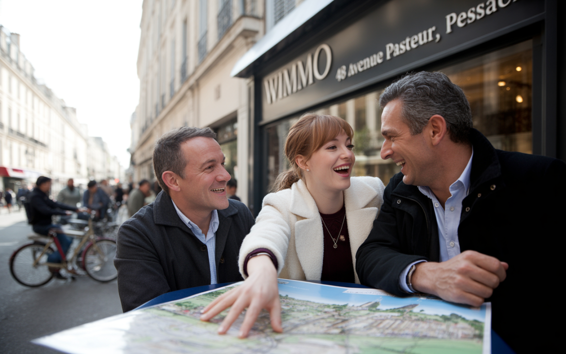 Trois personnes souriantes, assises autour d'une carte, discutent joyeusement dans une rue animée de Paris.