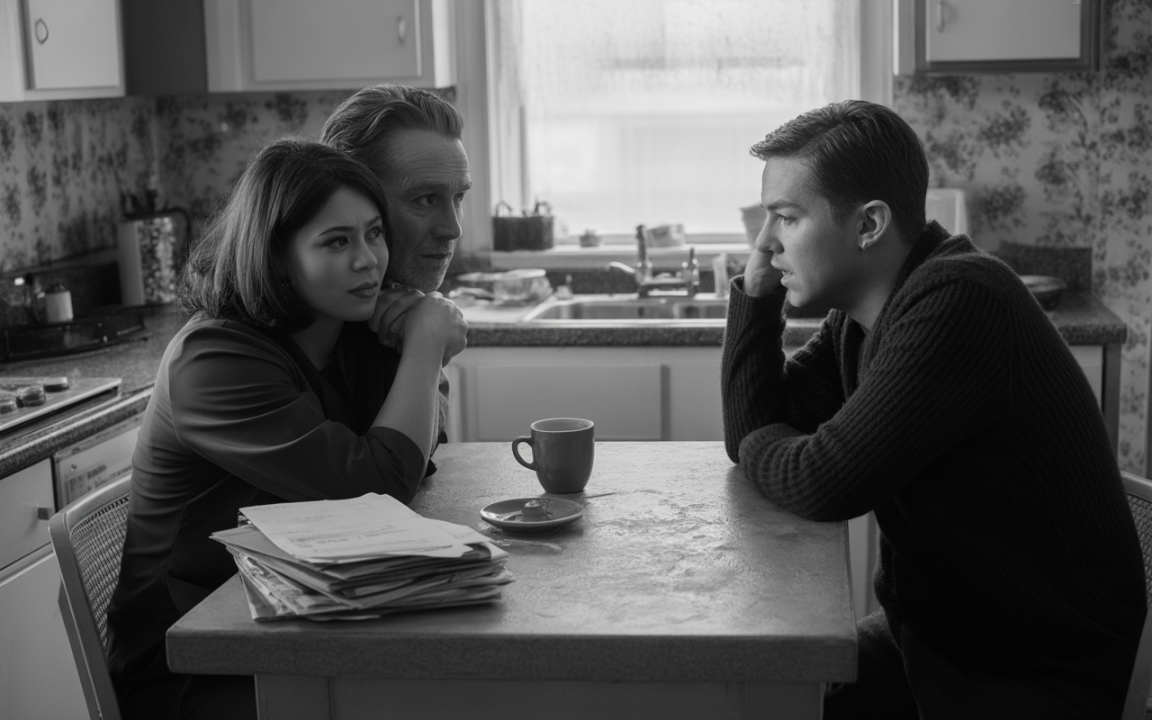 Trois personnes se réunissent autour d'une table dans une cuisine, en noir et blanc, affichant des expressions sérieuses et préoccupées.