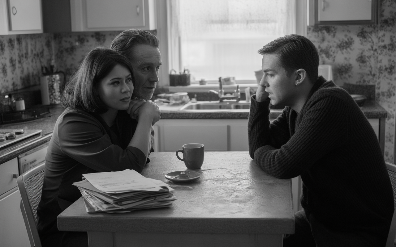 Trois personnes se réunissent autour d'une table dans une cuisine, en noir et blanc, affichant des expressions sérieuses et préoccupées.