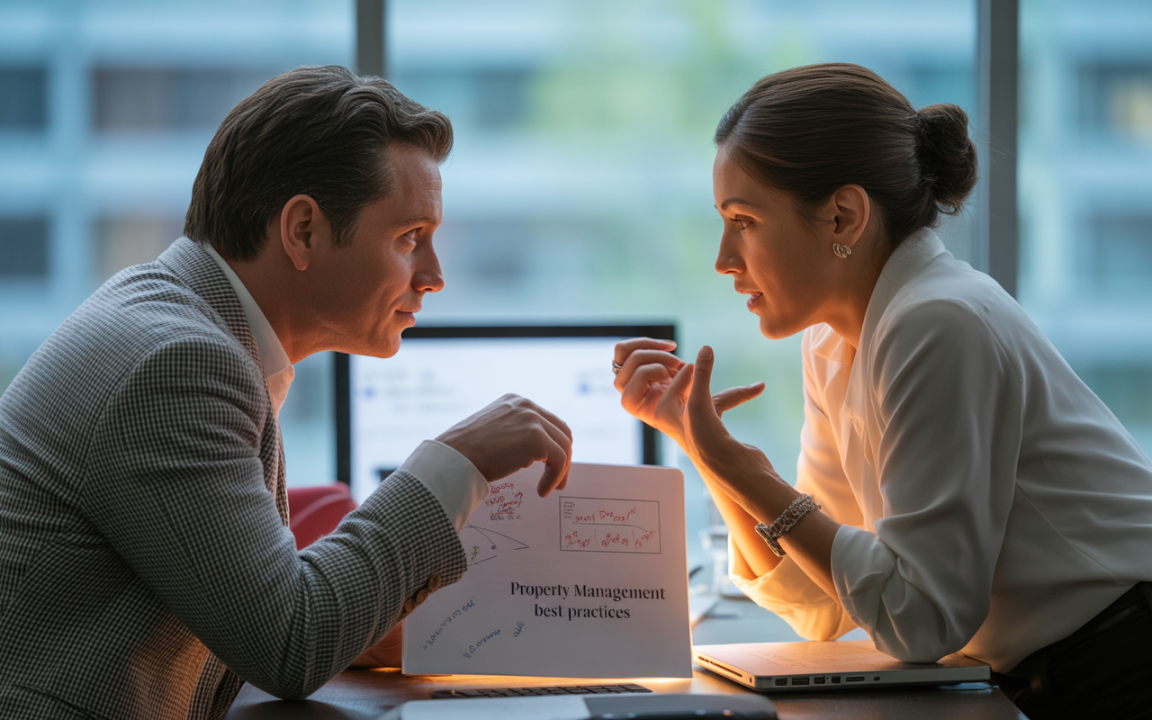 Deux professionnels discutent intensément autour d'un document sur les meilleures pratiques en gestion immobilière, avec des ordinateurs en arrière-plan.