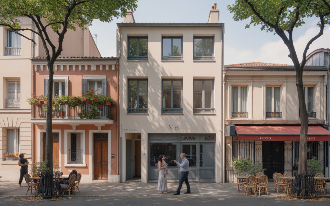 Une rue parisienne avec des bâtiments colorés, des arbres, et un couple discutant devant une boutique. Tables en terrasse visibles.