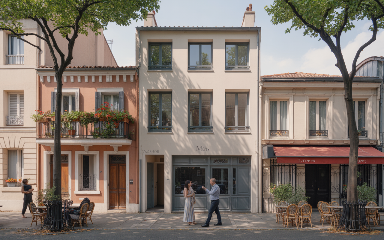 Une rue parisienne avec des bâtiments colorés, des arbres, et un couple discutant devant une boutique. Tables en terrasse visibles.