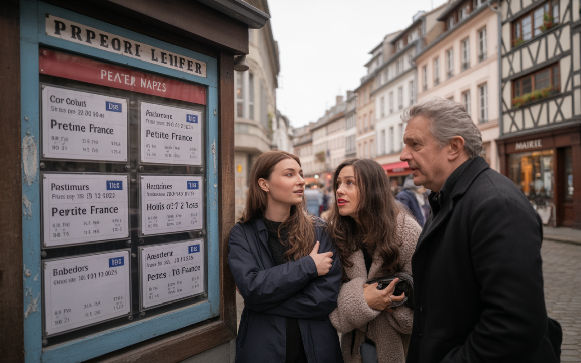 Trois personnes consultent un panneau d'affichage dans une rue animée, entourées de bâtiments typiquement européens.