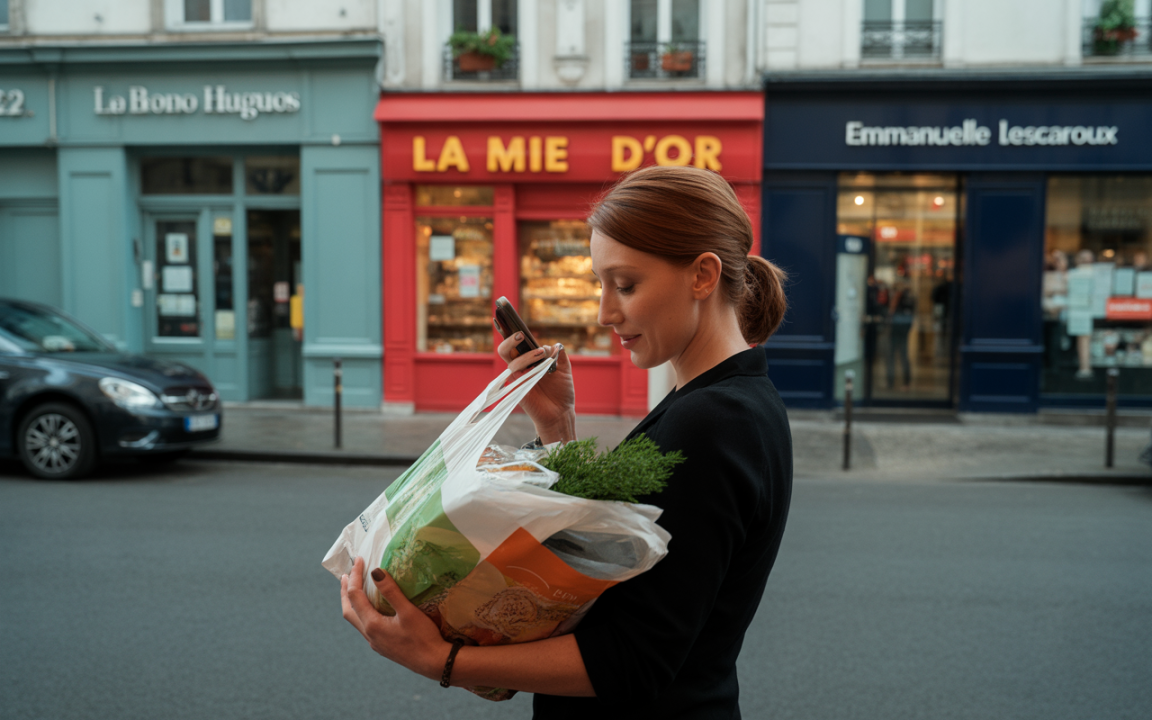 Une femme regarde son téléphone, tenant un sac de courses rempli de légumes, devant des magasins parisiens.