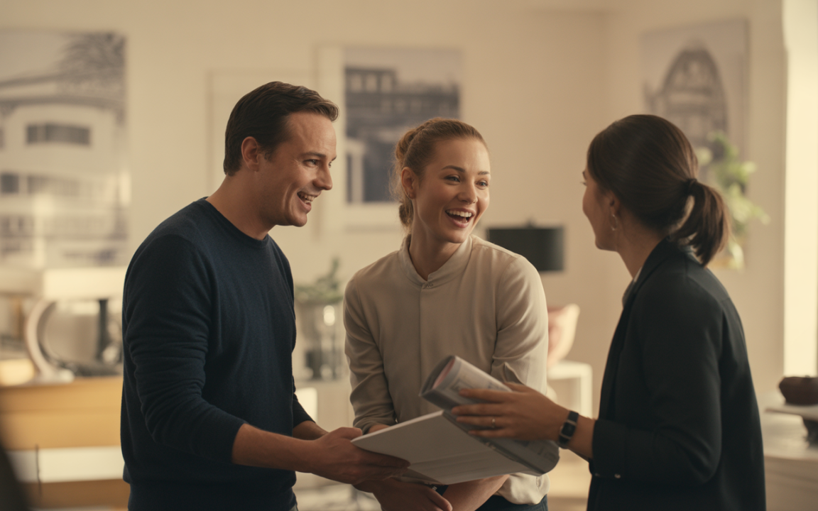 Trois personnes souriantes discutent dans un intérieur moderne, échangeant des documents, dans une ambiance conviviale et professionnelle.