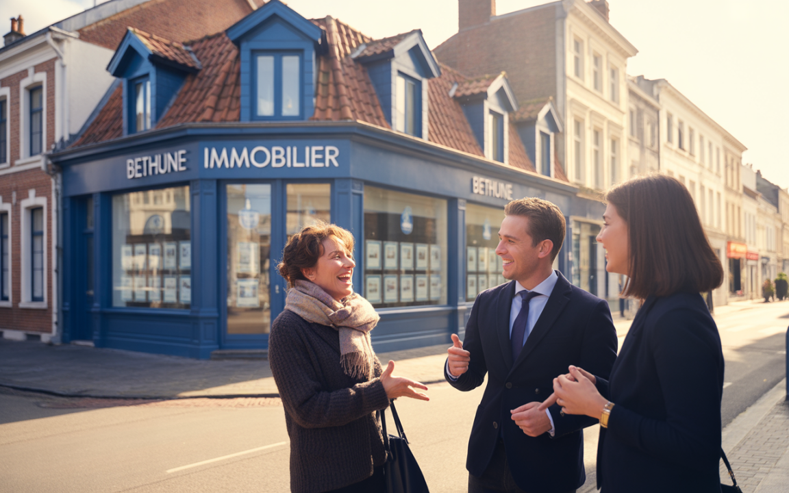 Trois personnes conversent avec enthousiasme devant une agence immobilière à Bethune, sous un soleil matinal. Atmosphère amicale et professionnelle.