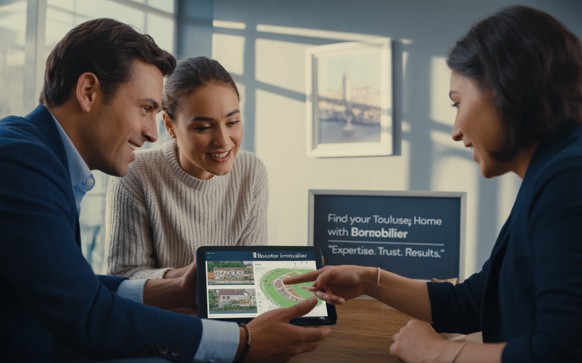 Trois personnes examinant un tableau interactif d'annonces immobilières, dans un cadre moderne et lumineux. Un slogan de service immobilier est visible.