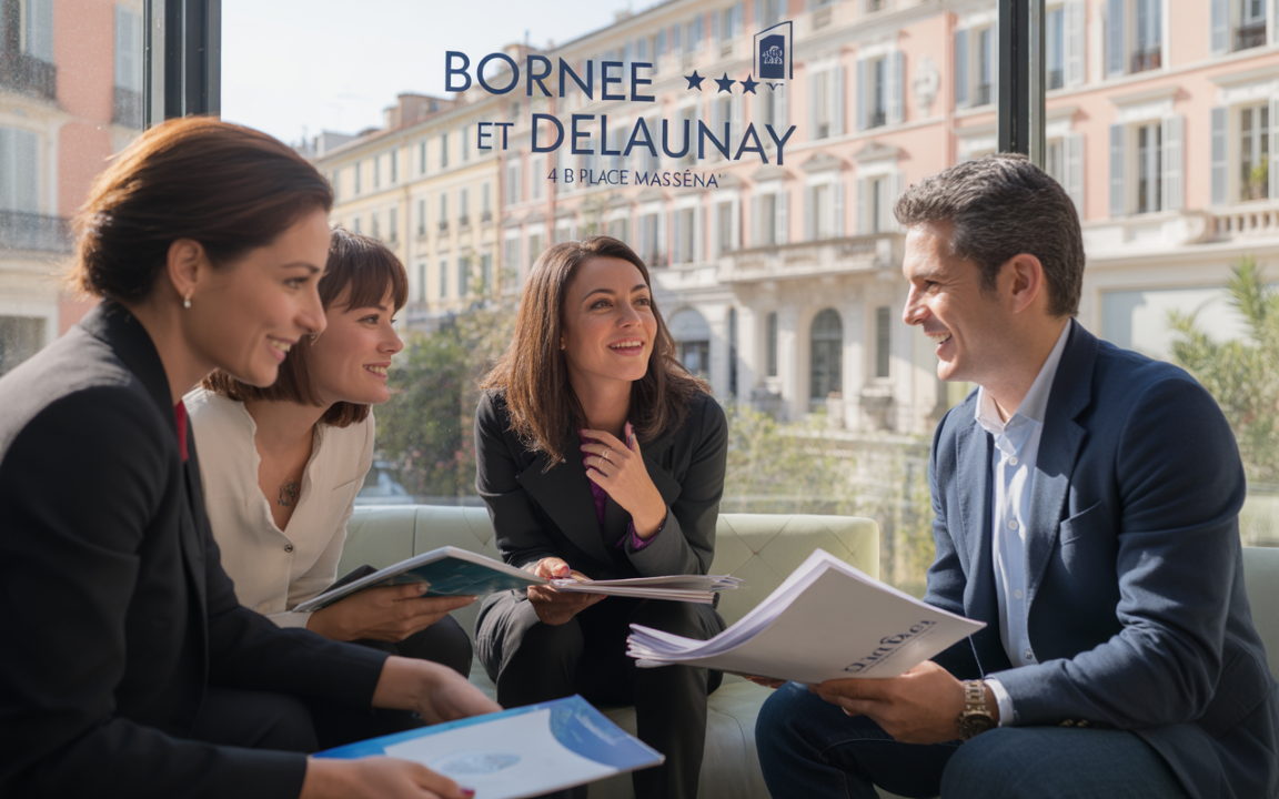 Quatre professionnels discutent et échangent des documents dans un espace lumineux, avec une vue sur la ville.