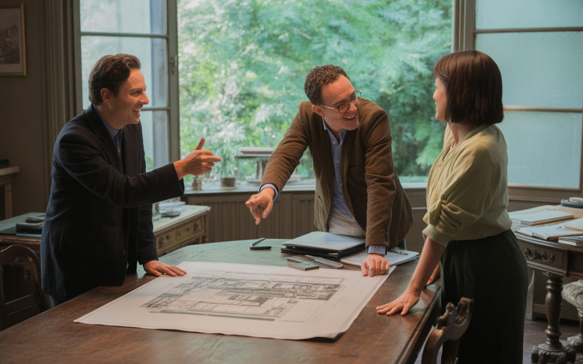 Trois personnes discutent autour d'un plan architectural sur une table, avec des sourires et une ambiance collaborative, dans une pièce lumineuse.