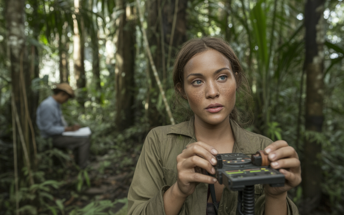Une femme dans une forêt tropicale tient un appareil, tandis qu'un homme en arrière-plan prend des notes.