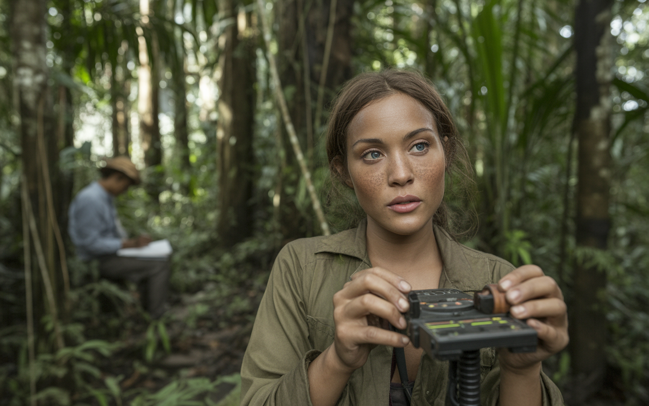 Une femme dans une forêt tropicale tient un appareil, tandis qu'un homme en arrière-plan prend des notes.