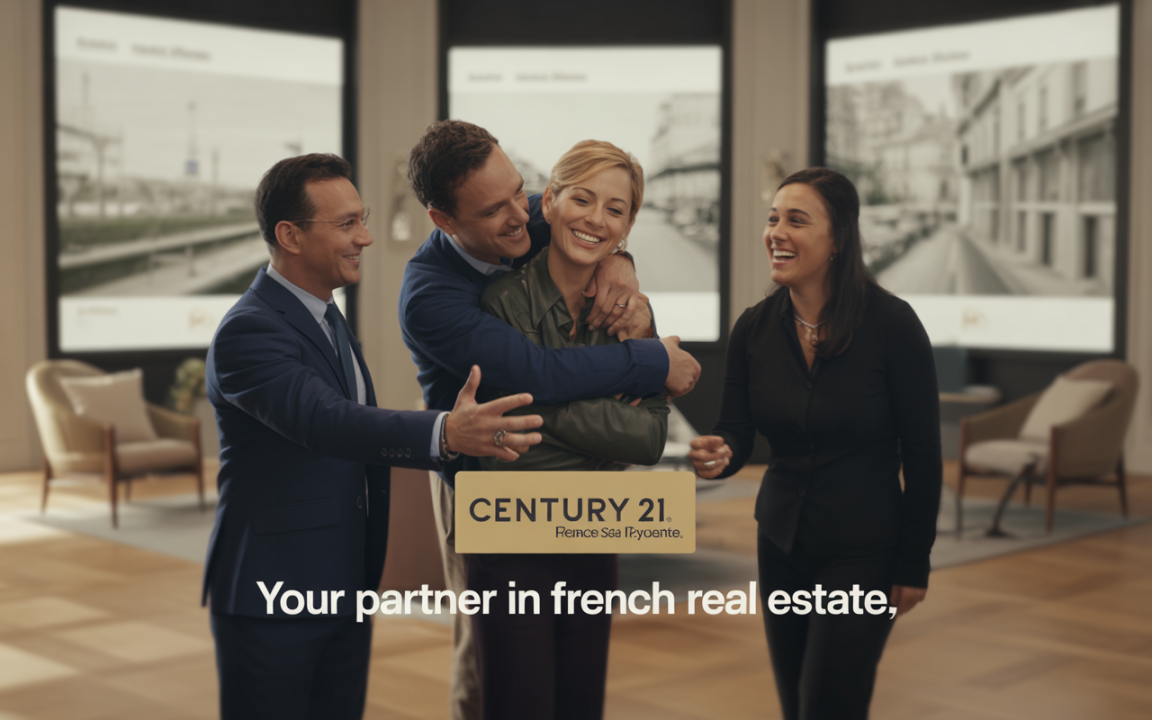 Quatre personnes souriantes se tiennent près du logo Century 21, avec des écrans montrant des images en arrière-plan.