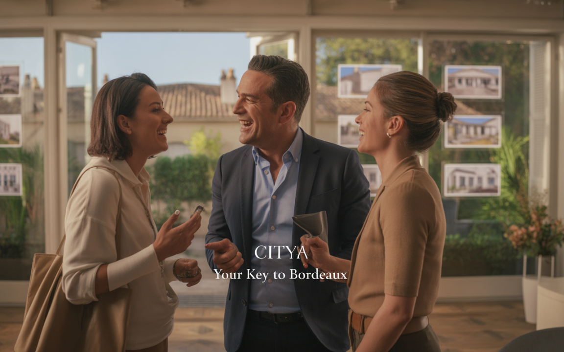 Trois personnes souriantes discutent dans un espace lumineux, avec des photos de maisons en arrière-plan. Logo "CITYA" visible.