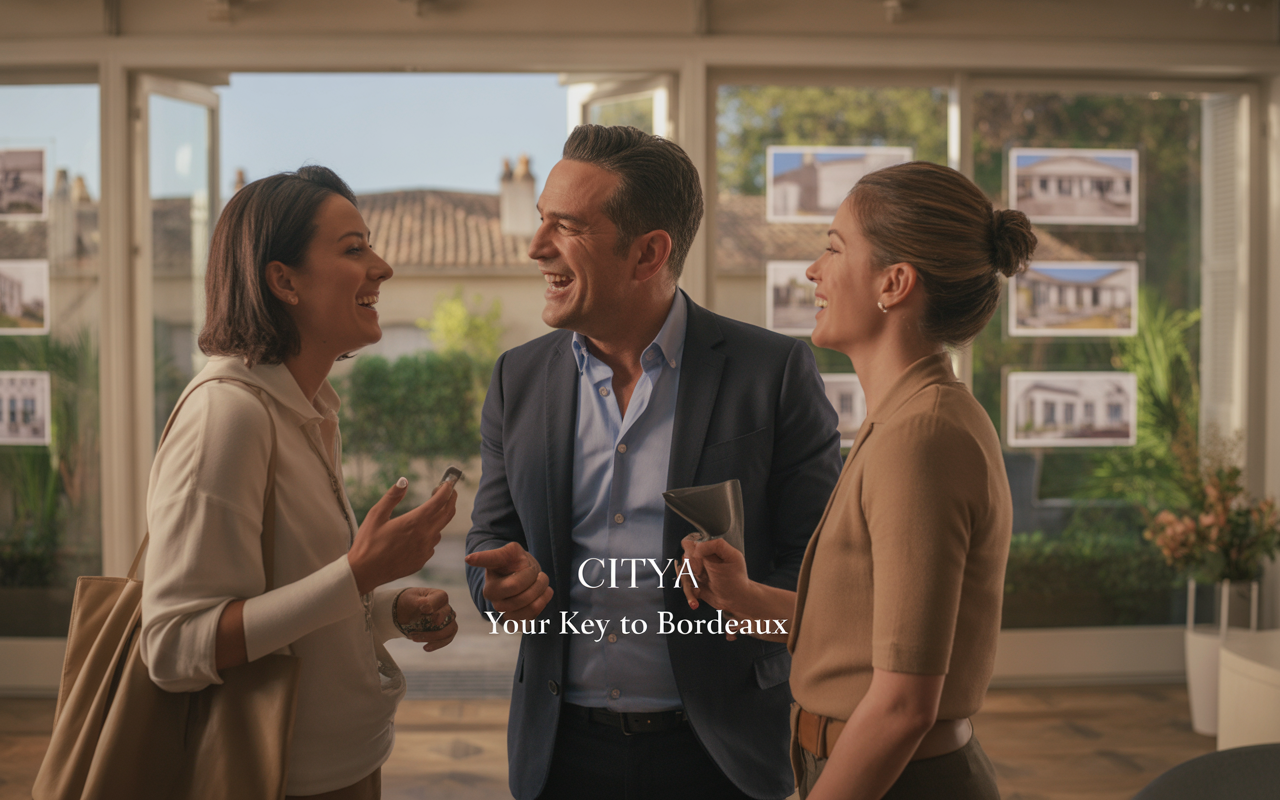 Trois personnes souriantes discutent dans un espace lumineux, avec des photos de maisons en arrière-plan. Logo "CITYA" visible.