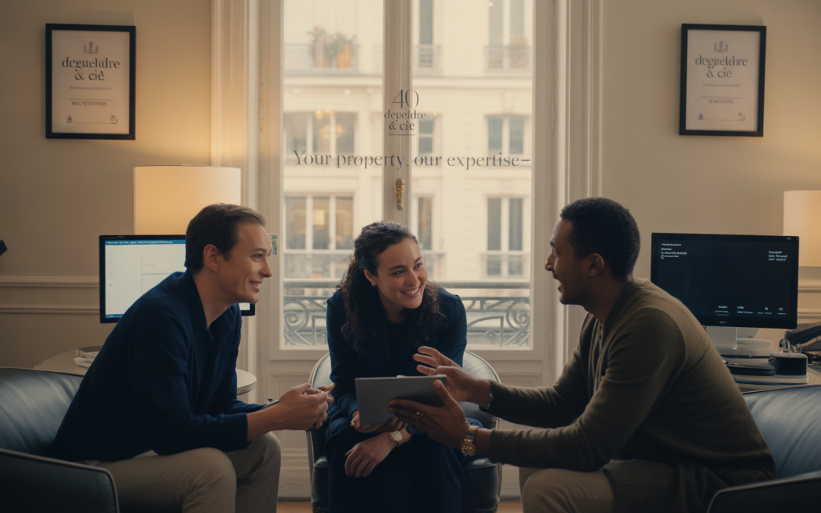 Trois professionnels discutent joyeusement autour d'une tablette dans un bureau lumineux, avec des ordinateurs et une vue sur la rue.