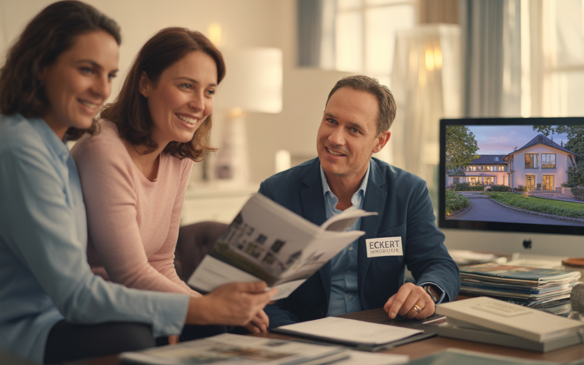 Trois personnes souriantes discutent d'un projet immobilier, avec un ordinateur affichant une maison à vendre en arrière-plan.