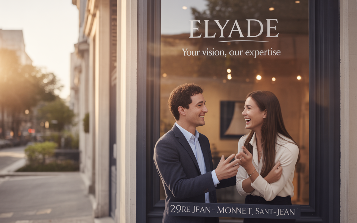 Couple souriant devant une vitrine avec l'inscription "ELYADE", au coucher du soleil, dans une rue animée.