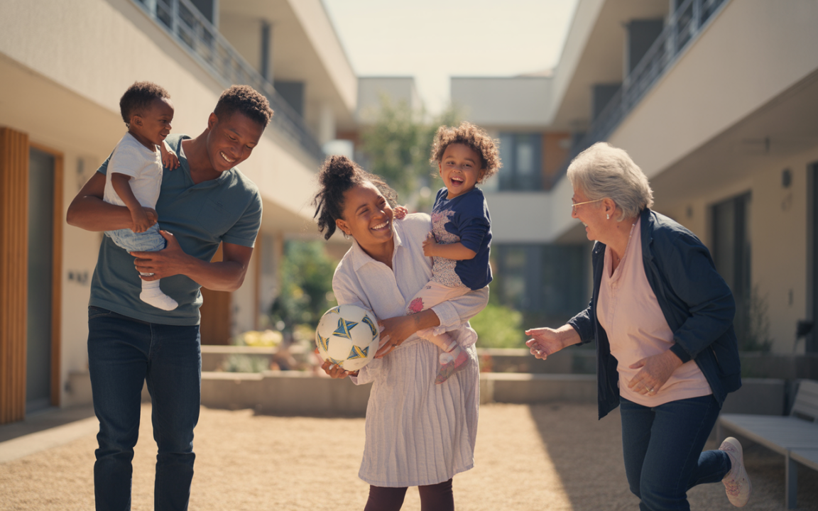 Une famille joyeuse joue ensemble, avec deux enfants dans les bras et un ballon de foot, dans une cour ensoleillée.