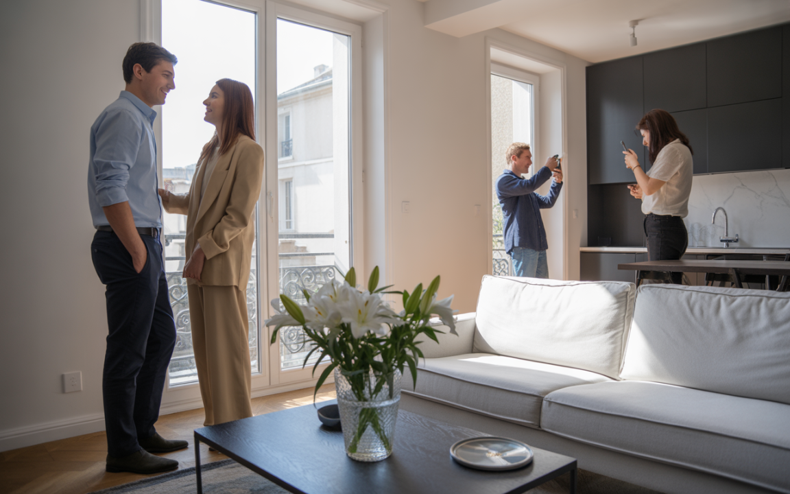 Une jeune femme et un jeune homme dialoguent dans un salon lumineux, tandis qu’un couple prend des photos en arrière-plan.