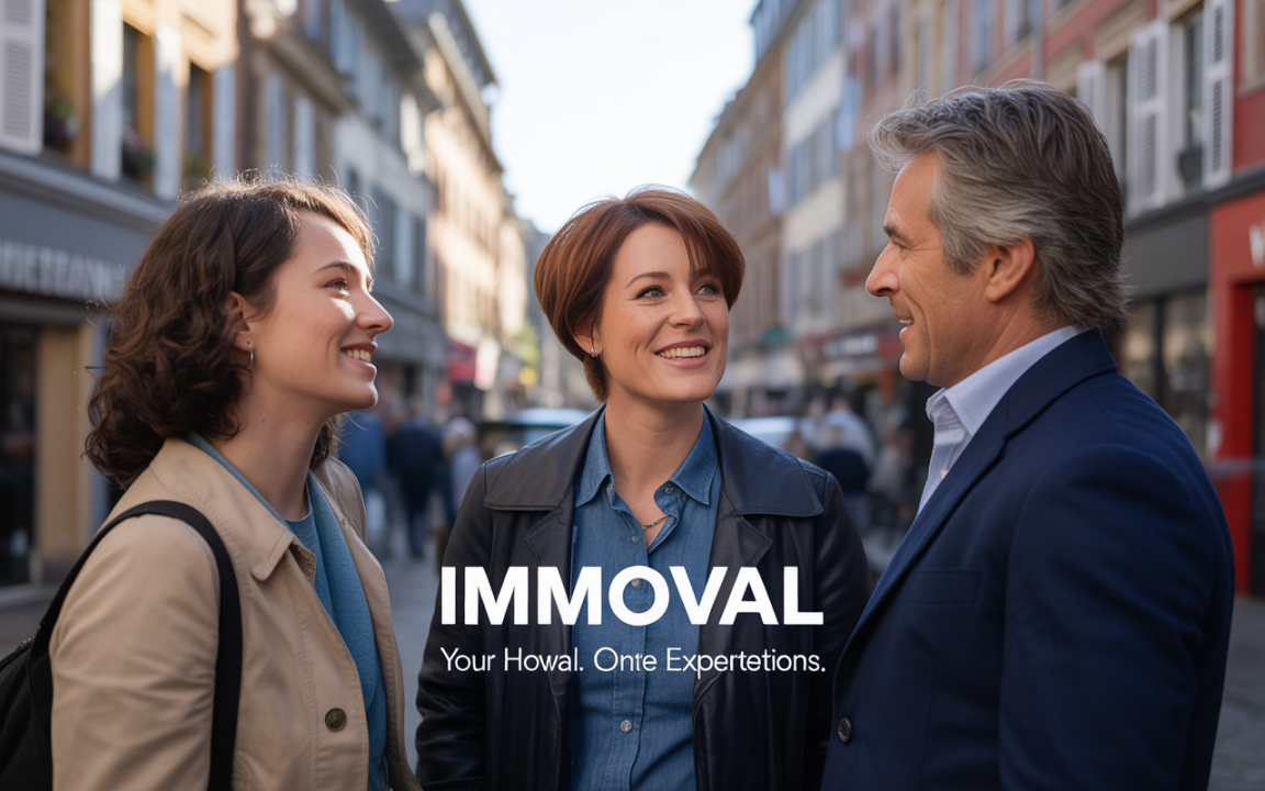 Trois personnes souriantes discutent au milieu d'une rue avec des boutiques, avec le texte "IMMOVAL" en bas.