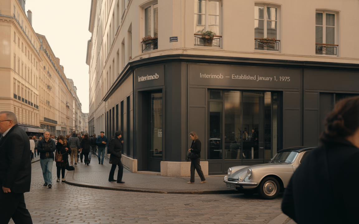 Rue animée avec piétons et une voiture vintage devant un magasin nommé "Interimob" à Paris. Ambiance urbaine calme.