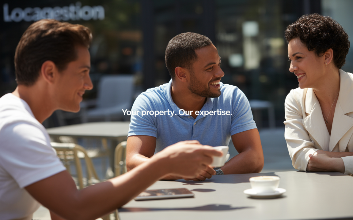 Trois personnes en conversation autour d'une table, avec des tasses de café, dans un cadre extérieur ensoleillé.
