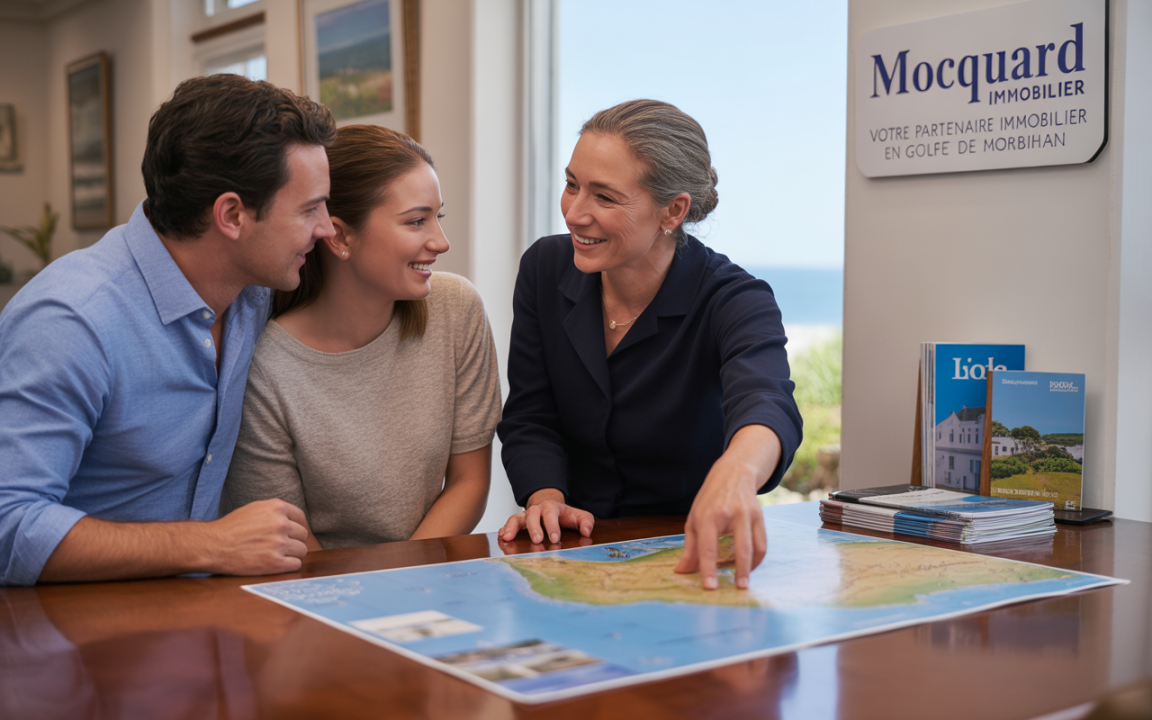Trois personnes discutent autour d'une carte, souriantes, dans un bureau immobilier avec vue sur la mer.