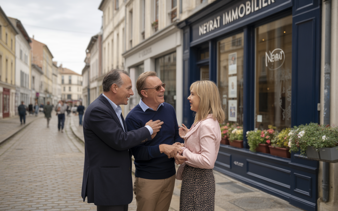 Trois personnes souriantes discutent joyeusement devant une agence immobilière, dans une rue animée bordée de boutiques.