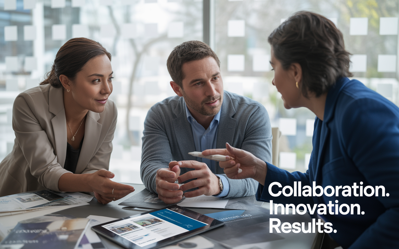 Trois professionnels discutent autour d'une table avec une tablette, échangeant des idées sur la collaboration et l'innovation.