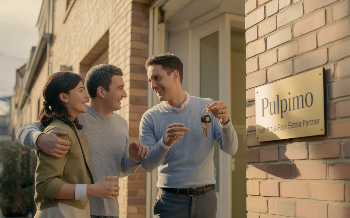 Un homme souriant remet des clés à un couple heureux devant une maison. Plaque signalétique « Pulpimo » visible.